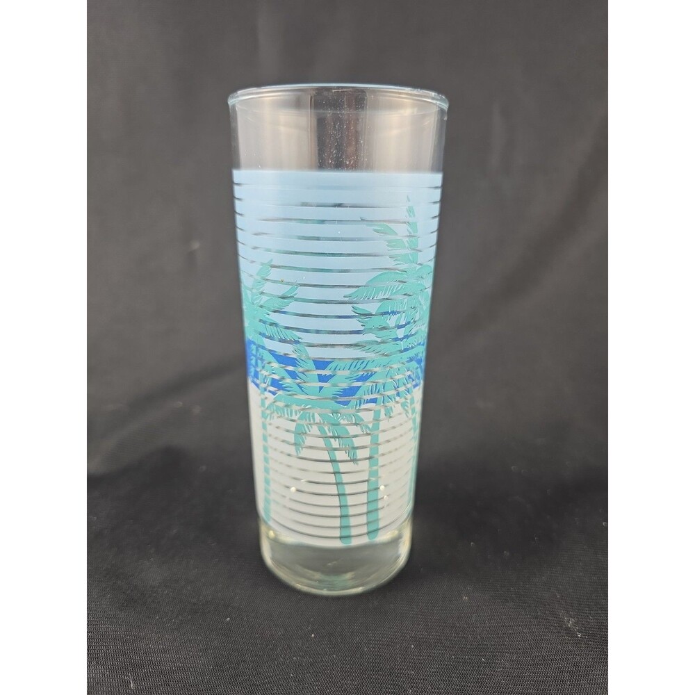 Vintage Libbey Turquoise Palm Trees Retro Tall Glass 1950’s Mid Century Modern